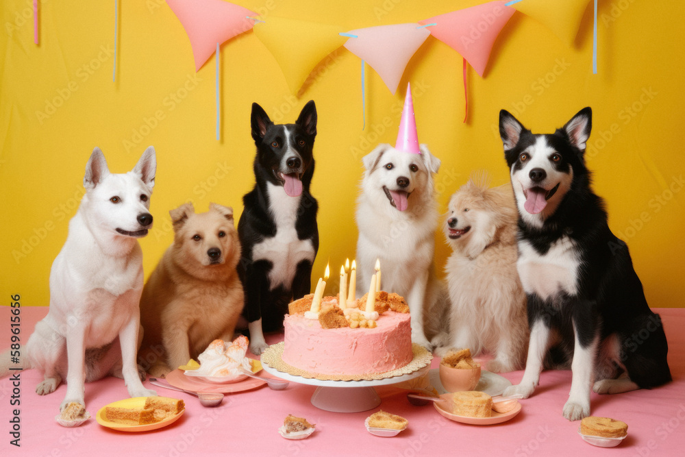 Crazy animal birthday party, balloons, confetti and party for pets. The birthday dog cute, irresistible  with guests and friends from the park. Generative AI.