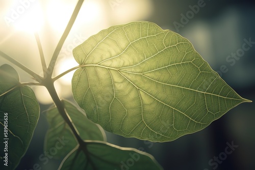 A beautiful fresh green leaf highlighted by the sun The plant has a beautiful expressive structure. Generative AI