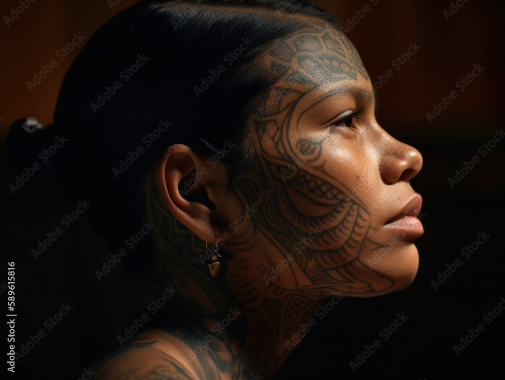 Tattooed woman seen sideways with beautiful lighting looking powerful Generative AI