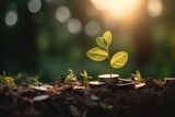 A seedling growing on a pile of coins has a natural backdrop, blurry green, money - saving ideas, and economic growth. Generative AI
