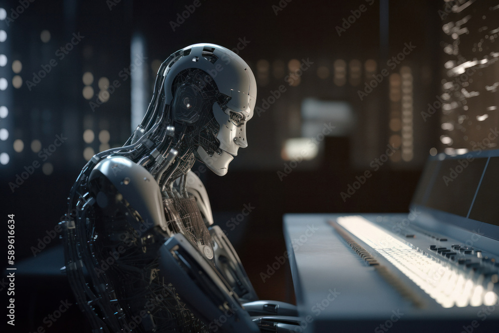 Futuristic AI Robot Lost in Thought with Computer Screens in Background Futuristic AI Robot Lost in Thought with Computer Screens in Background