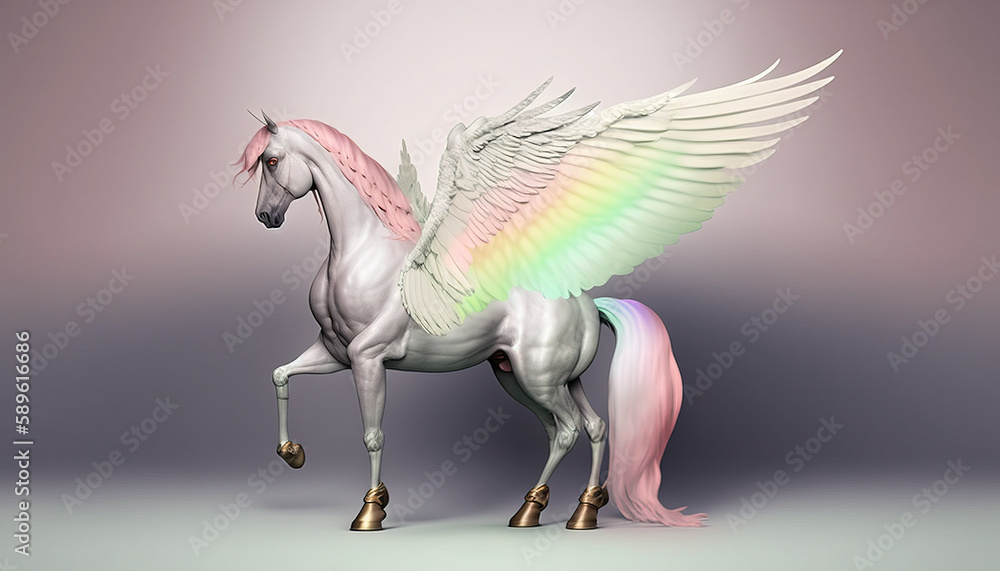 Fototapeta premium Pegasus animal abstract stallion wallpaper. Contrast background mythical horse with wings in Pastel colors generative ai