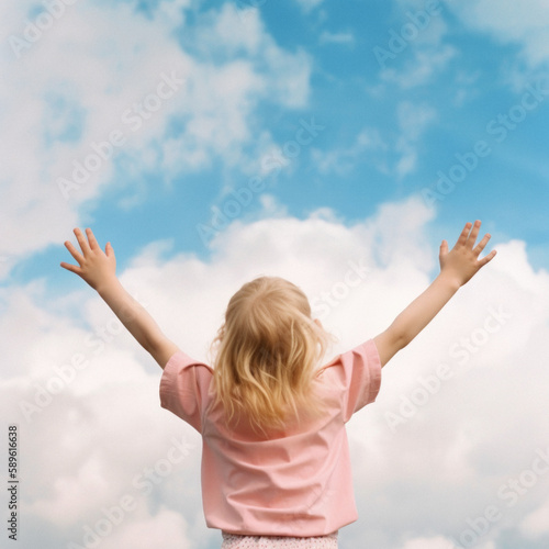 A young, beautiful girl who is in the clouds, thick white clouds on clear blue sky. A symbol of happiness, joy and freedom, a cute girl in a pastel outfit. Generative AI.