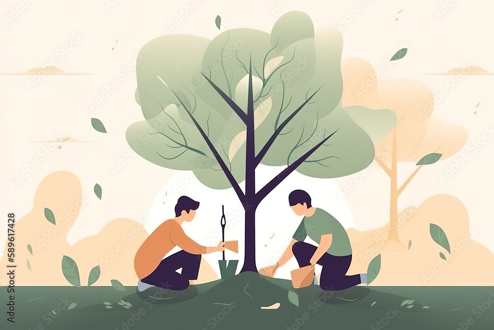 Arbor day banner Illustration of two kids planting a small tree in nature for the environment. Generative AI