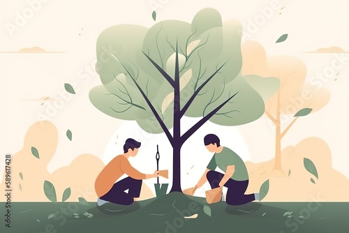 Wallpaper Mural Arbor day banner Illustration of two kids planting a small tree in nature for the environment. Generative AI Torontodigital.ca