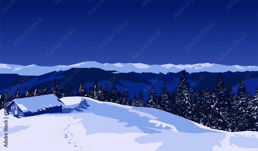 Flat vector winter landscape with snow-covered hut in the mountains with starry night sky