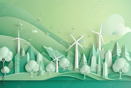 Eco green city environment conceptUrban landscape for green energy paper art style Vector illustration. Generative AI photo