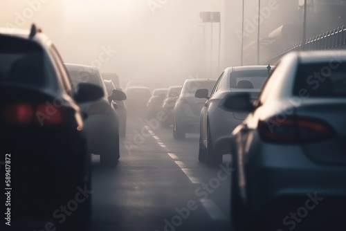 Blurred silhouettes of cars surrounded by steam from the exhaust pipes Traffic jam. Generative AI