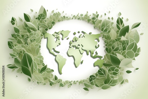 Ecology concept Green earth, Green leaf paper art white background, Vector. Generative AI