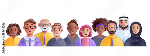 3D diverse people avatar set, vector business person group, multicultural character student crowd. Office team, happy man, smiling woman cartoon society concept. Diverse people community work banner