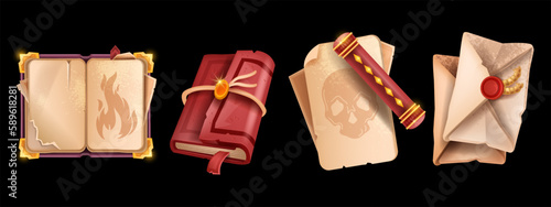 Game book icon set, vector medieval magic grimoire, fantasy parchment scroll, vintage envelope. RPG witchcraft dictionary, empty page, wizard fairytale secret paper, red notebook. Game book clipart