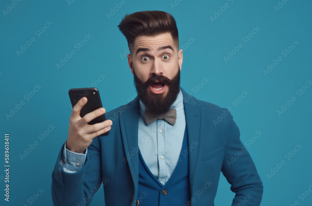 surprised man with smartphone on blue background - Generative AI surprised man with smartphone on blue background - Generative AI