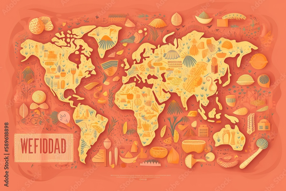 Colourful world food day poster with world map. Generative AI
