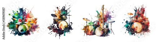 Colorful drums in watercolor style isolated on white background. Musical instrument. Drum kit watercolor illustration. Crash. Ride. Drum kit. Ideal for postcard, advertisement, book, poster, banner