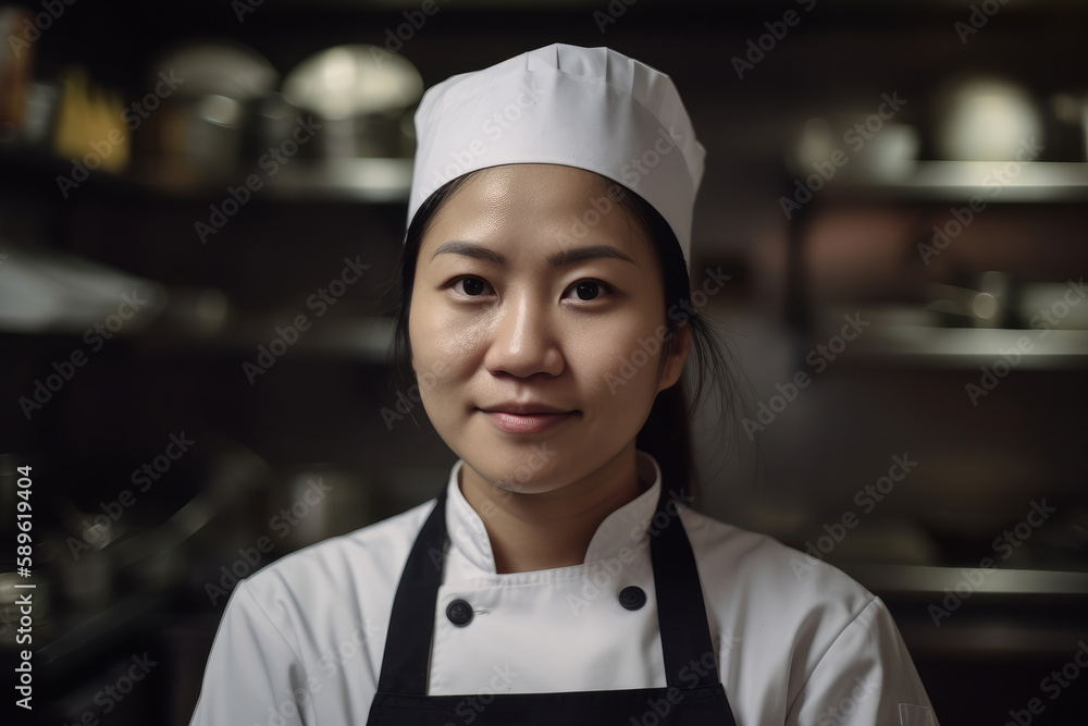 Portrait of a female asian chef working in a professional kitchen. Generative ai Portrait of a female asian chef working in a professional kitchen. Generative ai