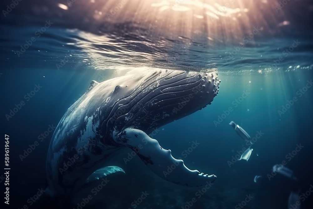Garbege whale underwater Environmental problem of plastic rubbish pollution in ocean. Generative AI