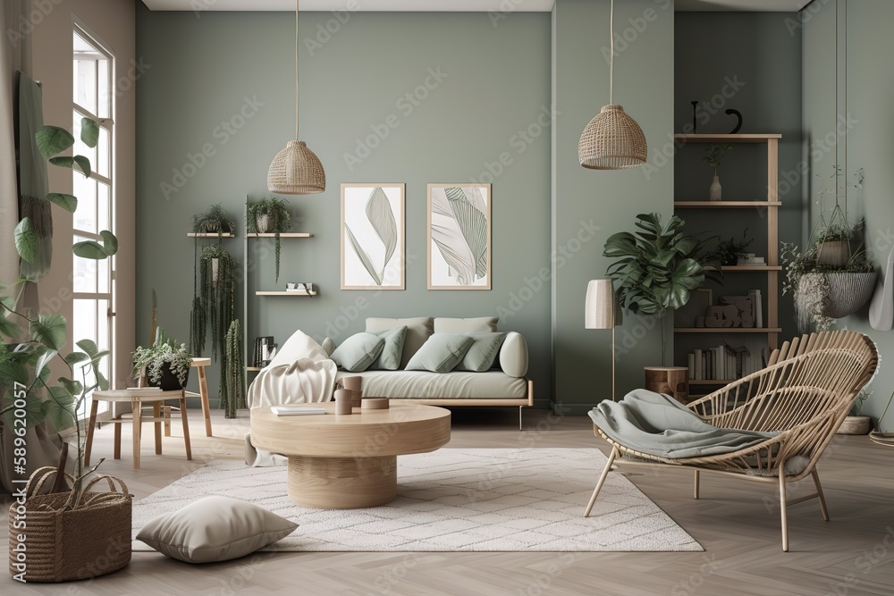 Modern interior of living room with armchair and cabinet on dark green ...