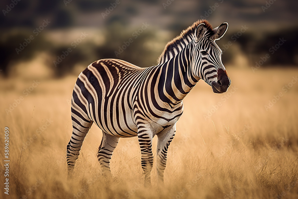 Mountain Zebra (Equus zebra, plains zebra, equus quagga, equus burchellii, common zebra) standing in grassland. Digital art Mountain Zebra (Equus zebra, plains zebra, equus quagga, equus burchellii, common zebra) standing in grassland. Digital art