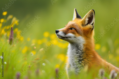 Portrait of a cute red fox (Vulpes vulpes) sitting in green grass. Red fox in the meadow. Digital art © Katynn