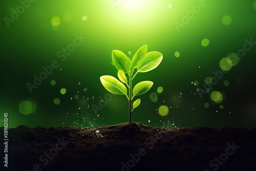Earth day banner, young green sprout growing on soil, ecology concept, organic food, plant a tree, agriculture and farming background. Generative AI