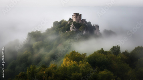 A castle in the fog in the mountains