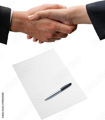 Closeup of Business People Shaking Hands with Contract on Background