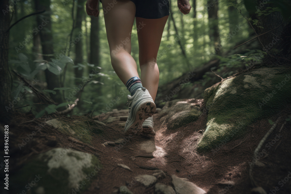Woman's Trail Running Shoes on Narrow Winding Forest Path Woman's Trail Running Shoes on Narrow Winding Forest Path