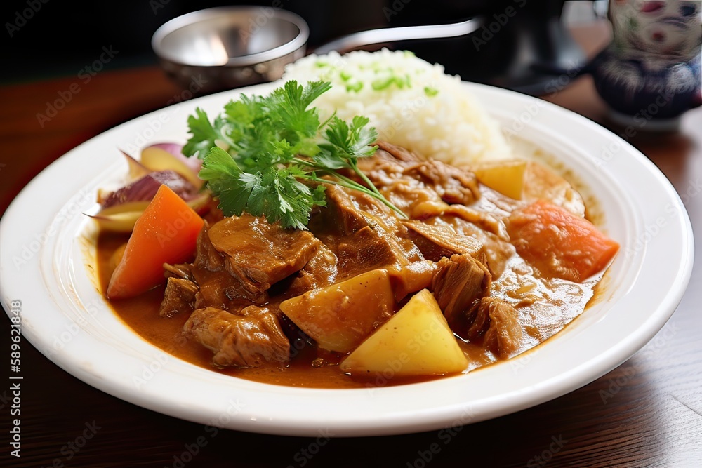 Japanese ordinary curry rice (Potatoes, carrots, onions and beef in spicy yellow curry served with steamed rice.). Generative Ai Japanese ordinary curry rice (Potatoes, carrots, onions and beef in spicy yellow curry served with steamed rice.). Generative Ai