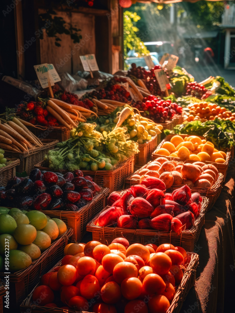 a farmer's market, lots of fresh fruits and vegetables, ai generative