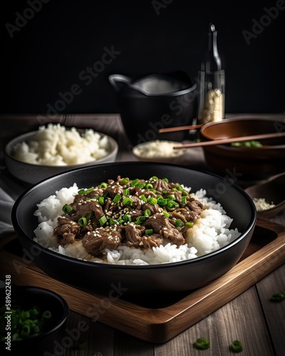 Gyudon - a bowl of rice with sliced beef, onion and sweet sauce. Generative Ai.