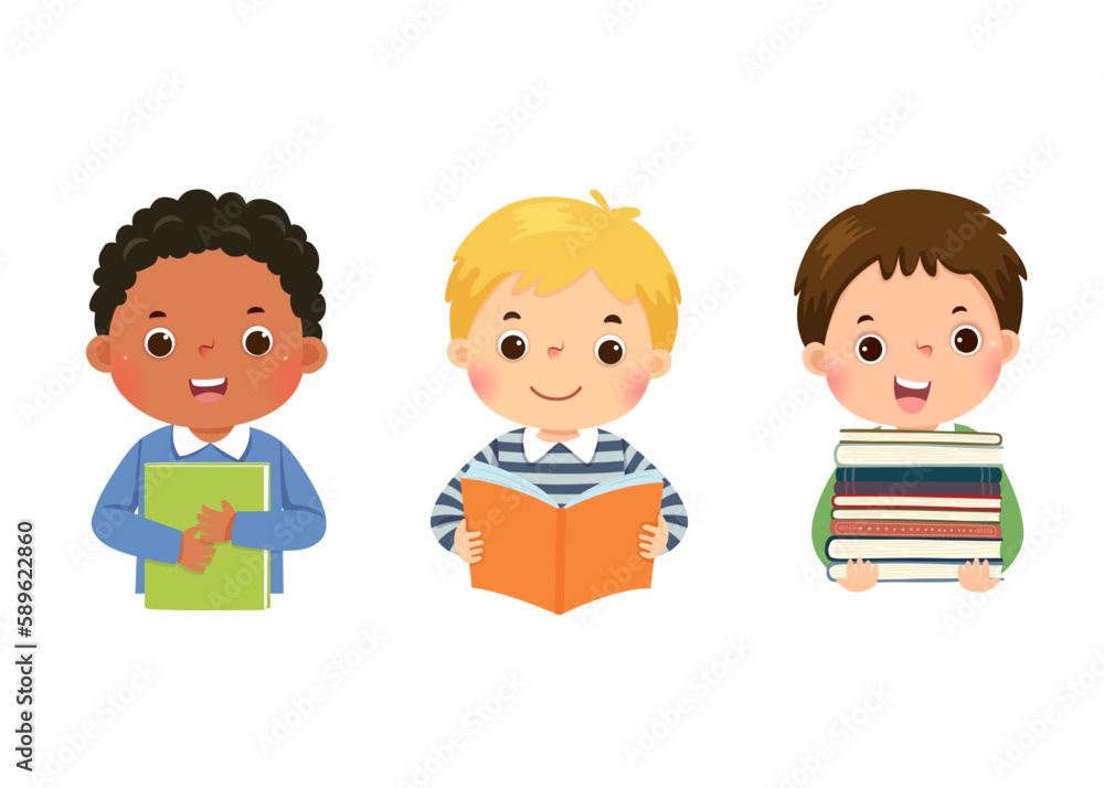 Set of vector illustration cartoon of little boys with books. Book lover concept Set of vector illustration cartoon of little boys with books. Book lover concept