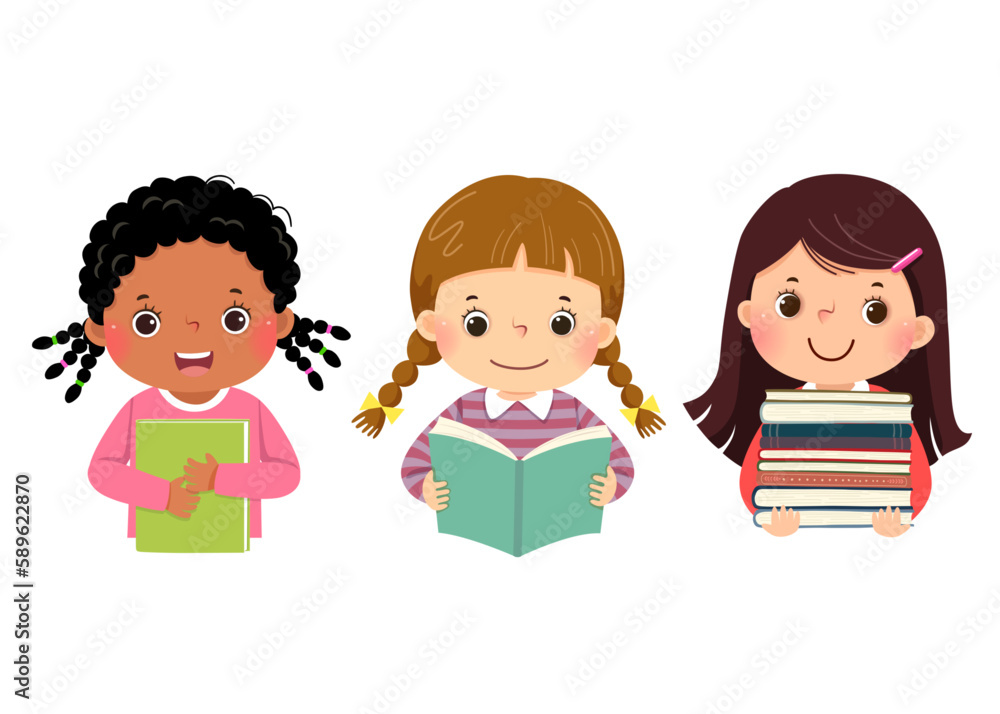 Set of vector illustration cartoon of little girls with books. Book lover concept Set of vector illustration cartoon of little girls with books. Book lover concept