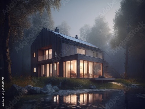 Modern house with solar panel in the forest. Generative ai