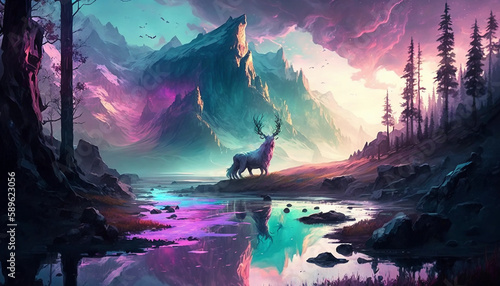 Fantasy Landscape with Mystical Creatures and Pastel Hues
