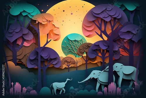 Illustration of elephants in forest, Creative Origami design world environment and earth day paper cut. Generative AI © Create image