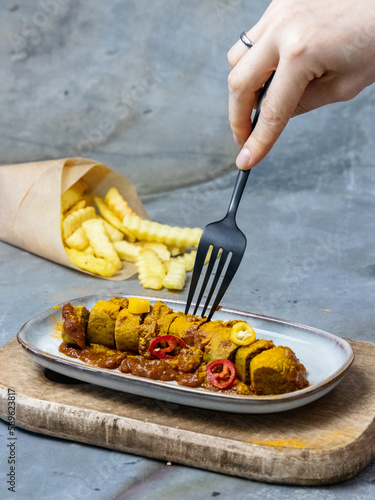 Spicy vegan seitan sausage with kamut served with yellow curry, chili and french fries on a wooden board