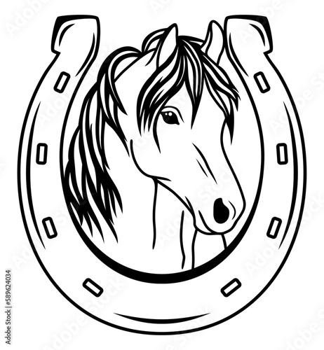 Horseshoe and horse head, vector illustration. Emblem