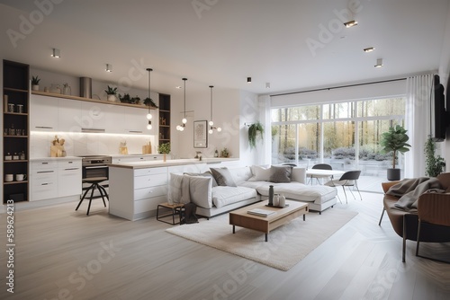 Bright living room interior with white empty wall | Beautiful contemporary living room home interior | Modern kitchen and modern living room in white interior design, Generative AI