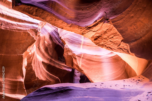 Antelope Canyon in the Navajo Reservation Page Northern Arizona, USA. Famous slot canyon. Light showing off the glamorous detail. Ancient spiral rock arches. Colorful Light in Upper Antelope Canyon.