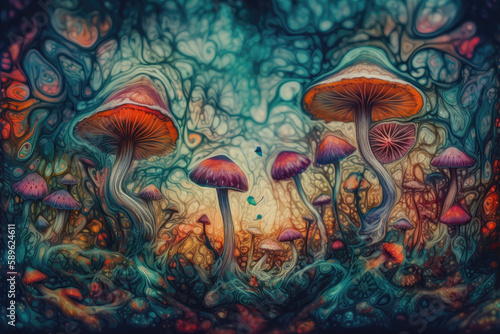 Magic mushrooms in the mysterious forest. Generative ai illustration