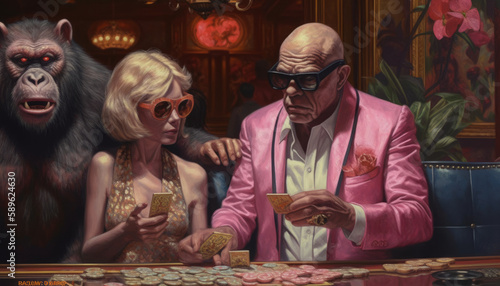 A glamorous and rich couple is relaxing with the protection of the monkeys in the casino club, the man is chatting in a gpt chat. Created generative AI. © Ренат Хисматулин