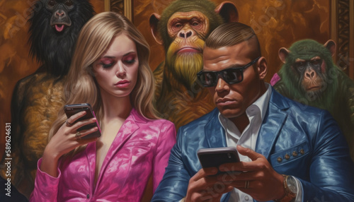 A glamorous and rich couple is relaxing with the protection of the monkeys in the casino club, the man is chatting in a gpt chat. Created generative AI.