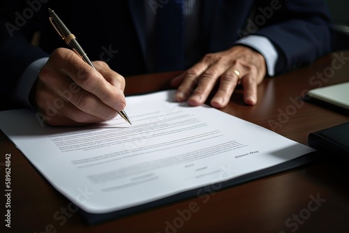 Close-up Of Businessperson Signing Contract, writing paper at the desk with pen and reading books at table with basic business Form document working in office. Generative Ai.