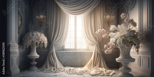 Elegant home interior or floral entryway featuring clean, white elements and flowing curtains to set the perfect mood for your portrait overlays. A great way to enhance your wedding or engagement.