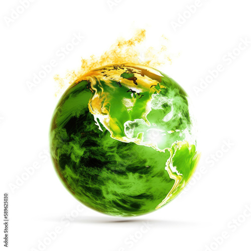 green planet earth on white burn, flames