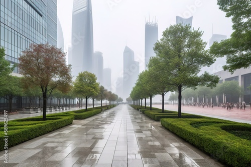 Park in lujiazui financial center, Shanghai, China. Generative AI