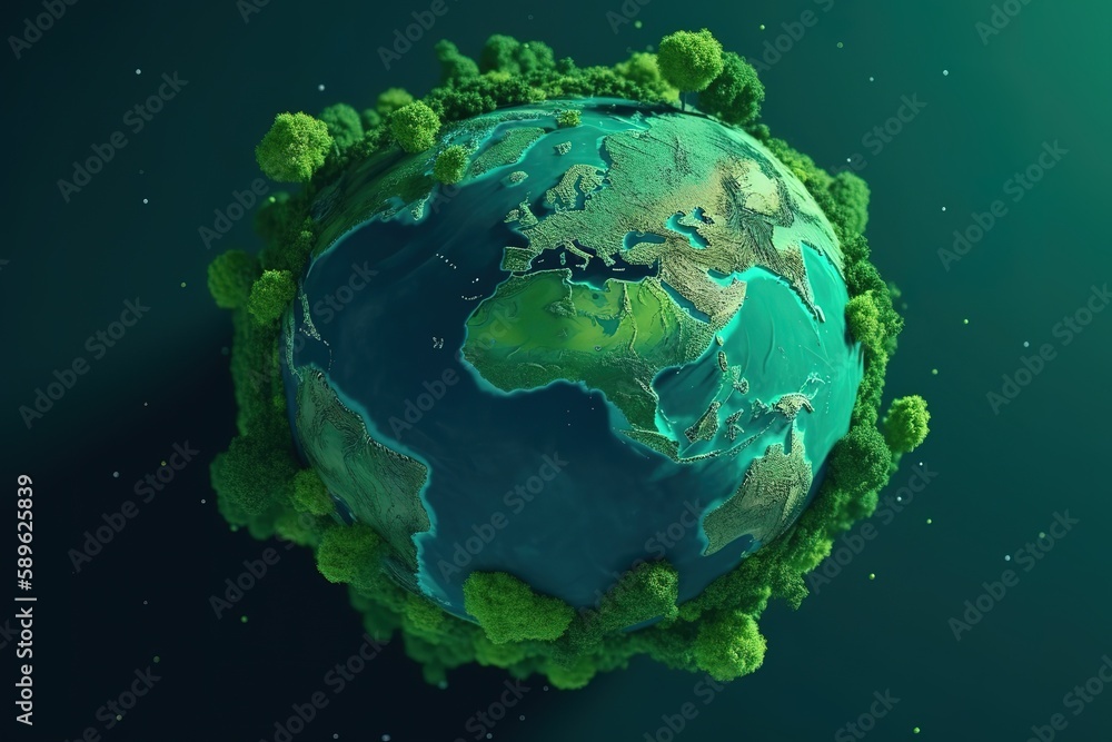 Planet earth on a green background Green continents made from the crown of a tree Clear azure water The ecological concept. Generative AI
