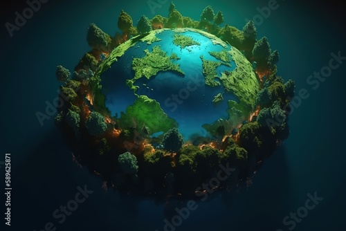 Planet earth on a green background Green continents made from the crown of a tree Clear azure water The ecological concept. Generative AI