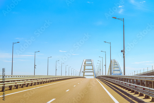 Automobile and railroad bridge across the Kerch Strait or Crimean bridge. Navigable Arch of the highway and railroad section of the Crimean bridge.