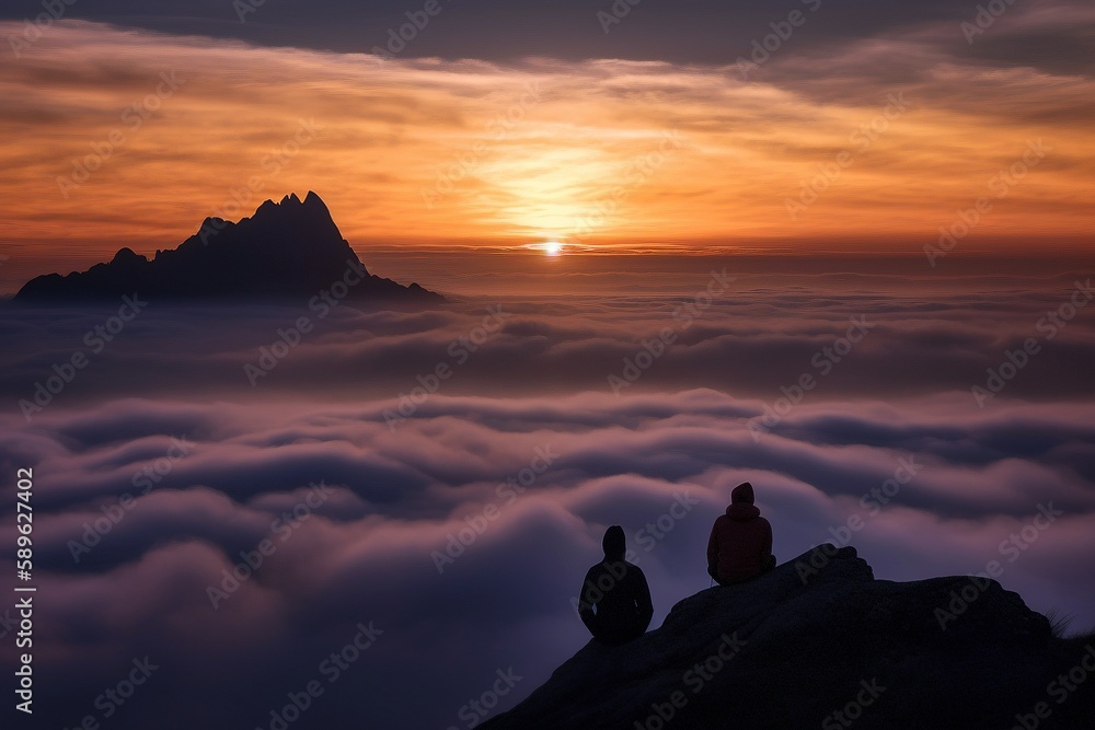 Individuals Undergoing Spiritual Awakening on Towering Mountain Summit, Generated by AI